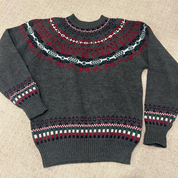 Allen Solly 100% Wool Sweater Fair Isle Gray Red Warm Winter Sz Large Cozy Cabin - Picture 3 of 5